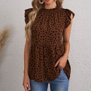 Boho leopard print mock neck ruffle peplum blouse
